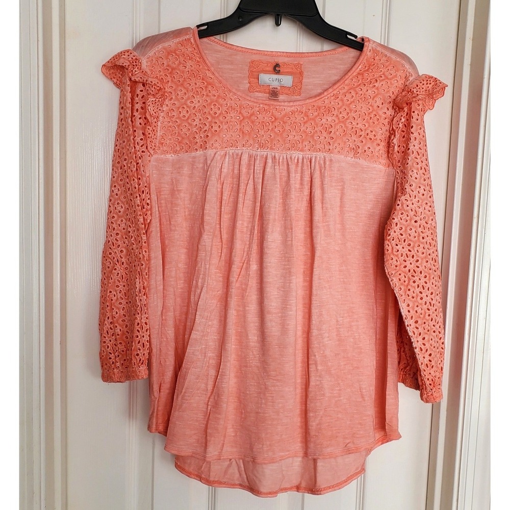 Cupio Eyelet Lace Yoke Top Peach Pink Ruffle Sleeve Boho Romantic Blouse Large